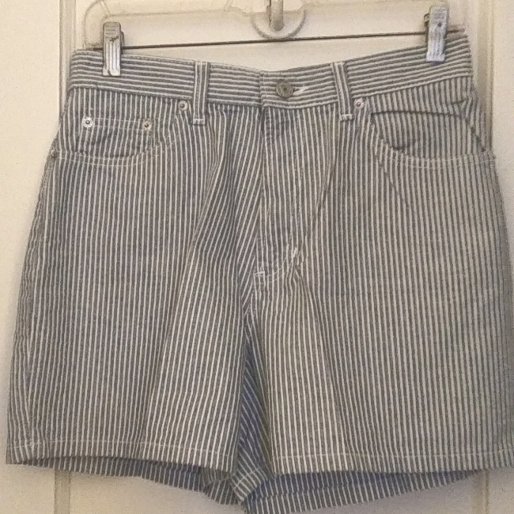 GAP DEMIM SHORTS, ZIP FLY, S-10, COLOR BLUE PIN STRIP DEMIN